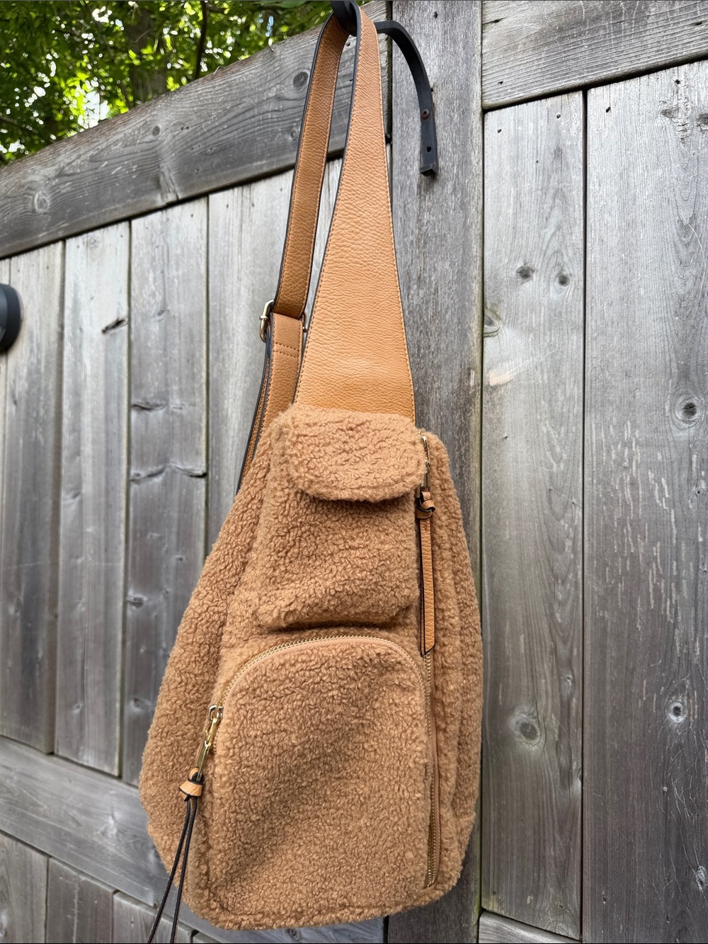 Poppy and Peonies Teddy Sherpa Crossbody Sling Bag in Brown